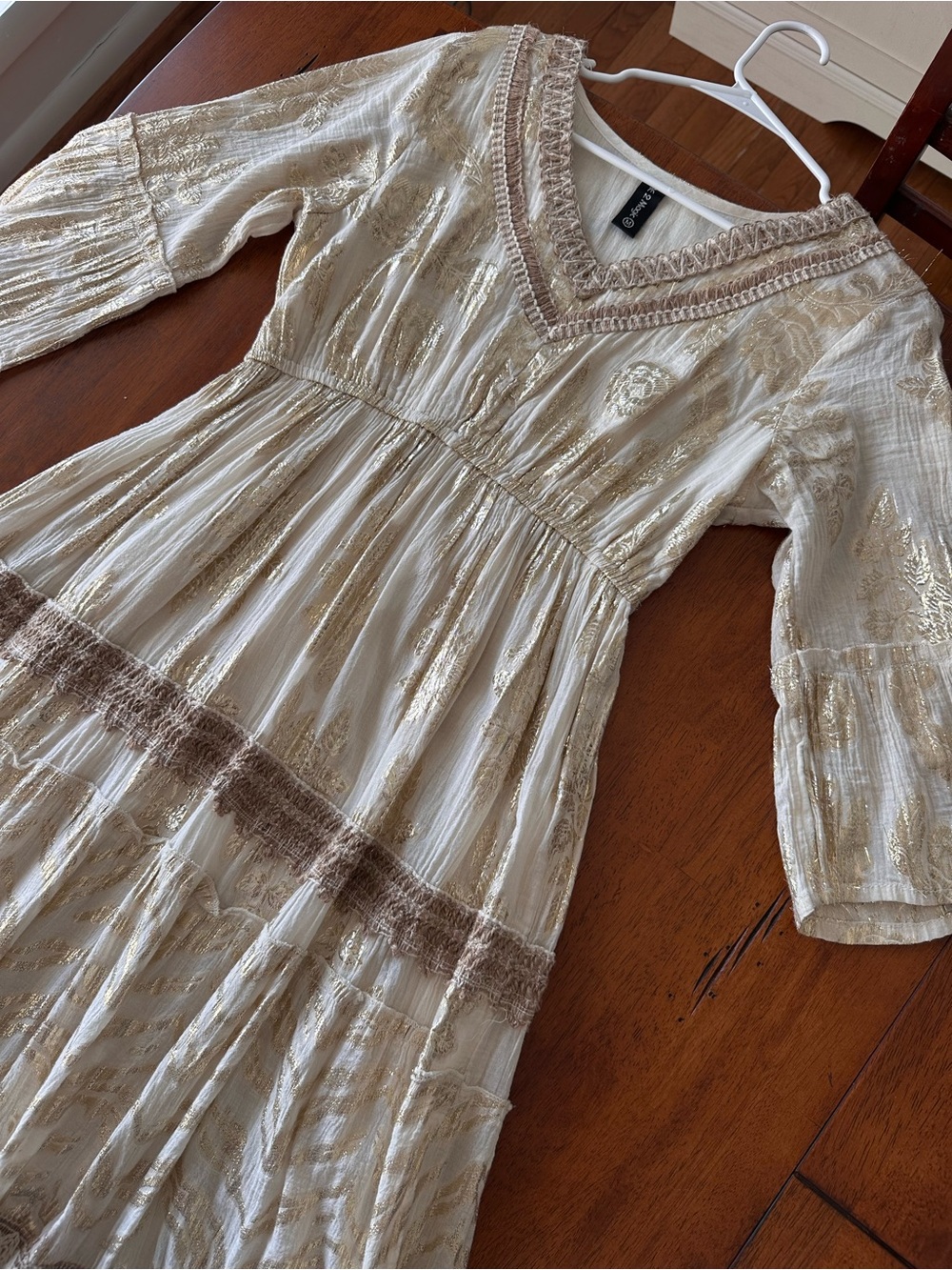 Cream V-Neck Bohemian Medieval Renaissance Dress with Gold Foil Detailing